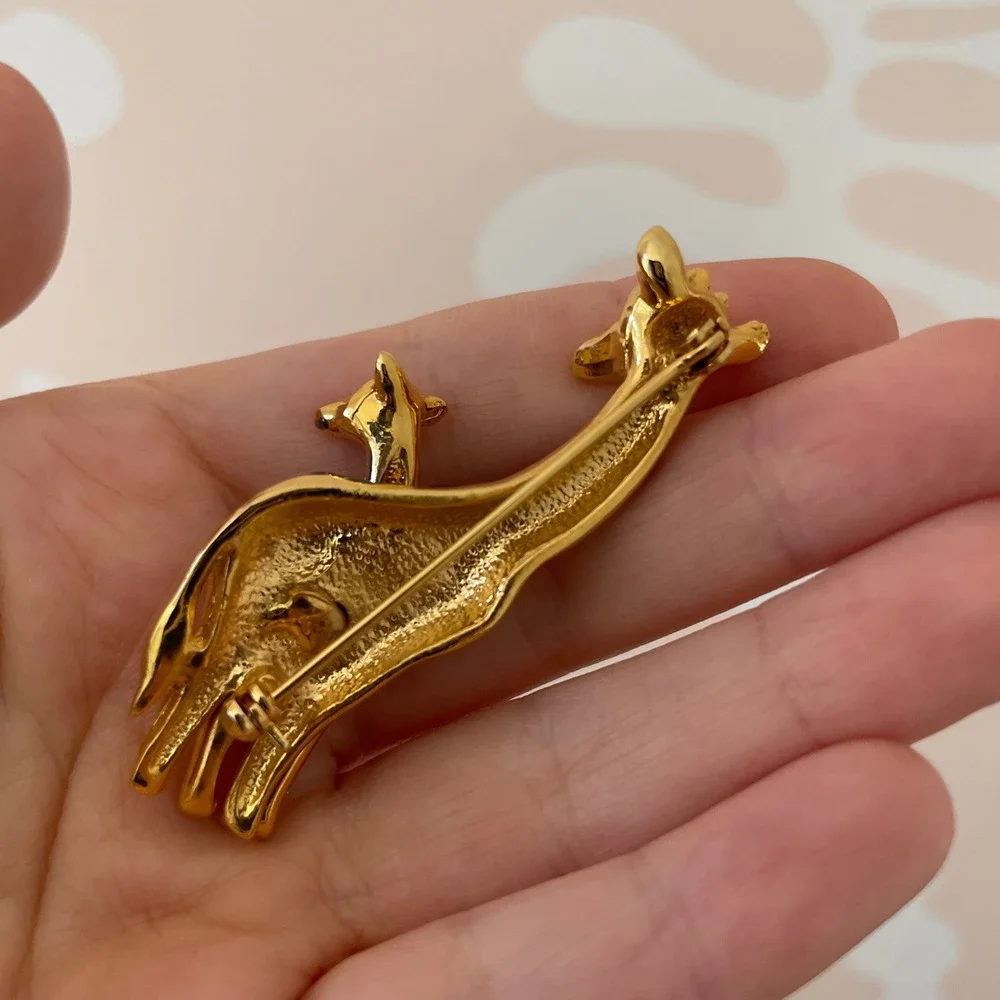 Vintage Gold Tone Enamel Mother and Baby Giraffe Brooch Safari Animal Pin
